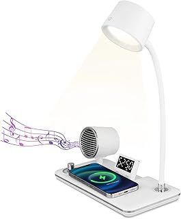 LED Desk Lamp with Wireless Charger, Touch Control Smart Table Lamp Light with Blue-tooth Speaker & Clock, Adjustable Gooseneck Arm Dimmable Eye-Caring Bedside Table Lamps for Bedroom Reading (White)