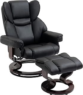 HOMCOM Faux Leather Recliner Chair and Footstool, Swivel Upholstered Armchair and Footstool with Adjustable Backrest, Solid Wood Base for Living Room, Black
