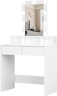 Panana Dressing Table with Led Lights Mirror Adjustable Brightness, Vanity Makeup Table with 2 Drawers (WH-08)