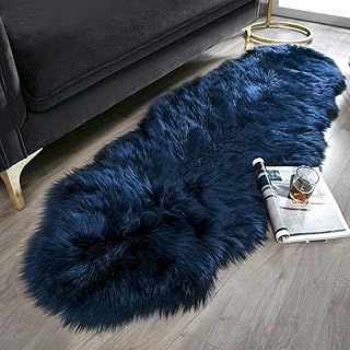 Ashler Faux Fur Area Rug - Dark Blue, Fluffy Sheepskin, Fuzzy Ultra Soft 2 x 6 Ft, Machine Washable Shag, Nursery Throw for Bed, Living, Kids Room