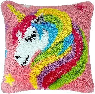 ROCKY&CHAO Latch Hook Unicorn Cushion Kits 43 X 43 cm, DIY Latch Hook Unicorn Pillowcase Embroidery Kits for Beginners Adults Kids, Latch Hook Cushion Cover Needlework Crafts for Home Decor