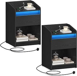 Bedside Table Set of 2 with LED Light, Bedside Cabinet with Charging Station, 1 Storage Drawer Nightstand for Bedroom, Living Room, 2 USB Port, 2 Outlets, Open Compartment Black NS09104XUK