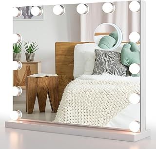 Hollywood Vanity Mirror with Lights, 50x43cm Lighted Makeup Mirror with 14 Dimmable LED Bulbs, 3 Color Lighting Modes, 5X Magnifying Mirror and Touch Control, Cosmetic Tabletop Mirror