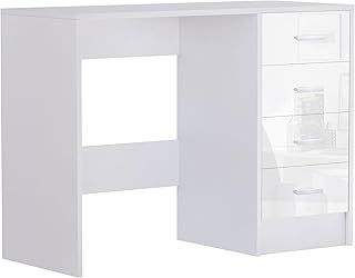 HOMCOM Computer Desk with Drawers, Dressing Table, High Gloss Home Office Writing Workstation, White