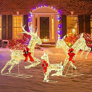 COSTWAY Light Up Reindeer Family, 3 Pieces Garden Christmas Figure Decorations with 230/255 Warm White Lights, Pre-Lit Xmas Ornament for Holiday Festivel (Medium, Running Posture)