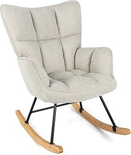 COSTWAY Relax Rocking Chair, Linen Fabric Upholstered Rocker Accent Chair with Solid Wood Base, Modern Tufted Wingback Leisure Lounge Reading Armchair for Living Room Bedroom Nursery (Beige)