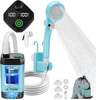 WADEO Upgraded Portable Shower, Camping Shower with Rechargeable 6000mAh Battery & Sinking bottom Design, Outdoor Shower with Dual Digital Display & 3-in-1 Hook