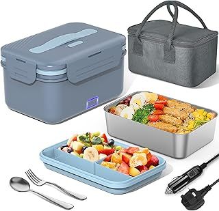 100W Electric Lunch Box Adults, 1.8L Heated Lunch Box with Compartments for Fruits, Thermal Lunchbox with 230V Home/Office & 12V 24V Car/Truck Cables, Insulated Lunch Bag, Spoon and Fork