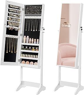 SONGMICS Mirror Jewellery Cabinet Armoire, Standing Full-Length Mirror, Lockable Jewellery Organiser, Gift Idea, White Surface and Black Lining JJC69WT