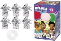Large helium balloon canister with 6 silver balloon weights - Canister fills upto 50 9 inch latex balloons