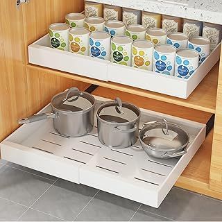 Pull Out Kitchen Storage, Cupboard Organiser, No Punch for Kitchen Base Cabinet Organization, Pantry, Bathroom Adjustable Width 31.5CM to 52CM, 2 Pack