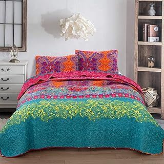 Reversible Flower Bohemian Bedspread with 2 Pillowcases Colorful Floral Boho Pattern Bedspread Coverlet for All Season Soft Microfiber Quilt King Size 240x260cm