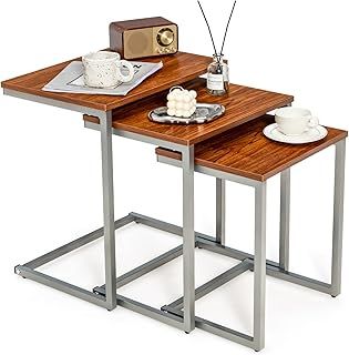COSTWAY Set of 3 Nesting Tables, Industrial Stackable Coffee Snack Table Laptop Desk, Home Office C-Shaped Side End Table for Living Room Bedroom Balcony (Teak)