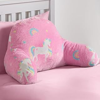 OHS Kids Cuddle Cushion Unicorn, Reading Pillow for Bed Sofa Supportive Soft Cosy Teddy Fleece Gaming Cushion with Arms Backrest Relaxing Comfy, Pink