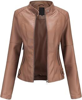 YYNUDA Leather Jacket Women PU Biker Moto Jacket Zip Up Classic Short Bomber Jacket Standing Collar Motorcycle Coat