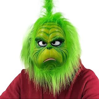 Amzeeniu Grinch Adult Costume Mask - Christmas Headpiece Latex Performance Props (Furry Green Santa)