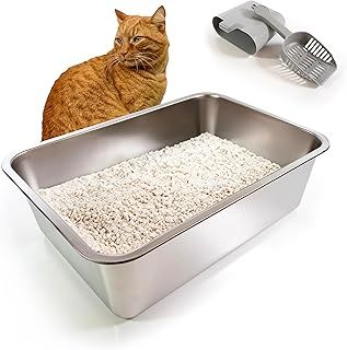 Stainless Steel Cat Litter Box - Large Metal Kitty Litter Tray - For Cats Kittens and Rabbits - Includes Scoop and Holder