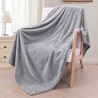 Exclusivo Mezcla Extra Large Fleece Throw Blanket, 127x178 CM Soft Jacquard Weave Waffle Pattern Throws for Sofa Settees, Light Grey