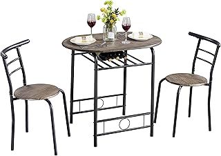 Yaheetech 3 Piece Dining Table & Chairs Set, Compact Dining Room Set with Storage Shelf and Wine Rack, Modern Breakfast Bar Table Set for Kitchen/Apartments/Small Space, Drift Brown, 80x53x75.5cm