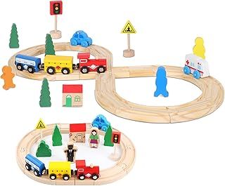 Thomas & Brio Compatible Wooden Train Set - 33 Piece Magnetic Railway with Wooden Rails for 3-6 Year Old Girls & Boys