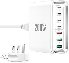 USB C Plug, 200W GaN 7-Ports Fast Charging Station Hub-Mutil Wall Charger with PD 65W USBC Charger+ 18W QC Power Desktop Charger for MacBook, iPads, iPhone 16/15/14, USB C Laptops,Steam Deck, Samsung