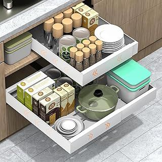 Expandable Pull Out Cabinet Organizer, Slide Out Kitchen Storage Drawer Shelf with Adhesive Film, Sliding Organiser for Bathroom Pantry Organization Adjustable Width 31-52cm, White, 1 Pack