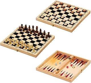 Toyrific 3 in 1 Wooden Board Game Set, Chess Draughts Backgammon Family Games