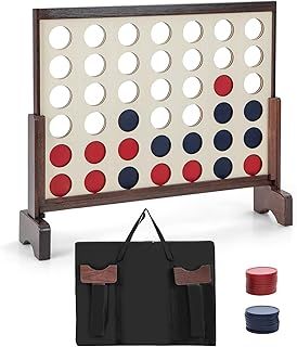 COSTWAY Giant 4-in-a-row Game Set, Wooden Jumbo 4 to Score with 42Pcs Chips, Fabric Carrying Bag, Indoor Outdoor Connect 4 for Kids Adults (Brown)