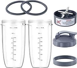 7 Pieces nutribullet Blender Cups & Blade Replacement Set 32oz Huge Cup with 1 Flip-Top To-Go Lid and 1 Lid Ring & Premium Extractor Blade with Compatible with NutriBullet 600w/900w Blender