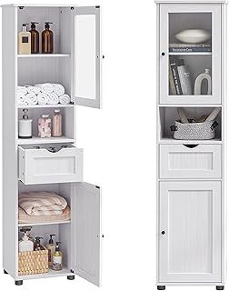 VASAGLE Tall Bathroom Cabinet Free Standing, Slim Bathroom Cupboard, with Open Shelf, Glass Door, Water-Resistant Feet, Height Adjustable Shelves, Space-Saving, Light Grey with Wood Grain BBK163T44