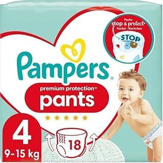 Pampers Premium Protection Pants Size 4, Pack of 18, 9 kg - 15 kg, Pampers' Best Panty Nappy with Stop and Protection Pouch