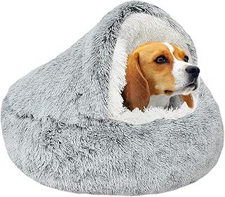 Calming Cat Bed Small Dog Bed,Warm Cosy Soft Plush Winter Indoor Cat Cave Bed,Anti Slip Bottom Machine Washable Anti-Anxiety Hooded Pet Bed Sofa Bed for Puppy/Small Medium Large Cats(under 10kg)