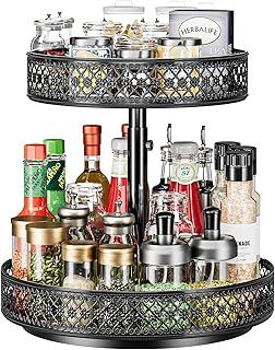 OVICAR Lazy Susan Organizer 2 Tier - Turntable Spice Rack 12 inch Adjustable Metal Rotating Lazy Susan for Cabinet Pantry Kitchen Countertop Dining Table Cupboard Bathroom Vanity Storage Black