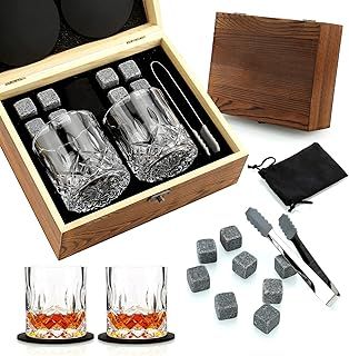Whiskey Glass Gift Set of 2, Whiskey Stones, Whiskey Gift Sets for Men, 8 Whisky Stones 2 Crystal Whisky Glasses Wooden Box Present, Birthday Gifts for Men, Dad, Husband Valentine’s Day/Father’s Day