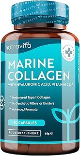 Marine Collagen 1000mg Enhanced with Hyaluronic Acid 100mg - 90 Super Strength Capsules - Hydrolysed Collagen Supplements - Vitamin C, Vitamin E, Vitamin B2, Zinc, Copper - Made in The UK by Nutravita