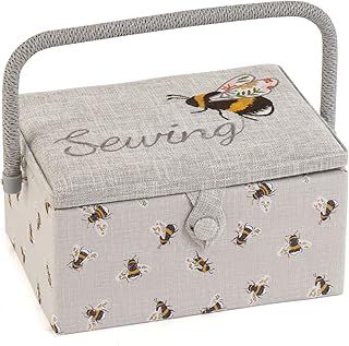 Exclusive Medium Sewing Craft Hobby Storage Box, Accessories Tray Pin Cushion Pocket PVC Handle Embroidered Lid 18.5 x 25.5 x 14.5cm, Embroidered Sewing Bee