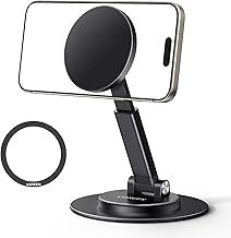 UGREEN Magsafe Phone Stand Magnetic Desk Standby Holder Swivel 360° Rotating Adjustable Height Foldable Portable Travel Mount Metal Ring Compatible with iPhone 16 Pro Max 15+14 13 12,Galaxy S25(Black)