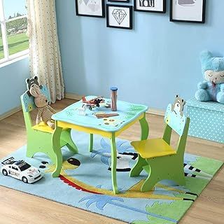 WODENY Kids Table & Chair Sets Furniture Hand Crafted Children Writing Desk Seats Secretaire with Cartoon Paintings Two Chairs Included for Boys Girls Toddlers (Green)
