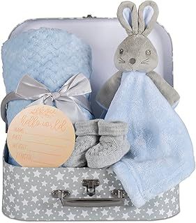 Hoolaroo New Baby Hampers Gift Set New Baby Giftd Boy Unique Suitcase Memory Box Cute Soft Newborn Baby Gifts Boy Congratulations Milestone Blue Bunny Comforter Blanket