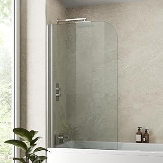 Luxura® 1400 x 800mm Chrome Over Bath Shower Screen Folding Hinged Door Glass Panels & Screens for Baths, Bathroom Frameless Curved Design, 4mm Toughened Safety Glass, 180° Pivot