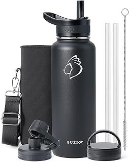 BUZIO 1180ml Water Bottle, Stainless Steel Insulated Water Flask with Straw Lids, Canteen Metal Thermo Mug Hydro Cup Jug, Double Vacuum Hot Cold Water Bottles with Carrying Pouch, Black
