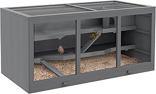PawHut Wooden Hamster Cage, Small Animals Hutch with Tray, Openable Top, Exercise Run, Grey