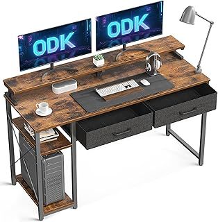 ODK Computer Desk with Drawers, 120 x 48 cm Office Desk with Storage & Shelves, Gaming Table with Monitor Stand Shelf, Rustic Brown Home Office Table for Small Spaces