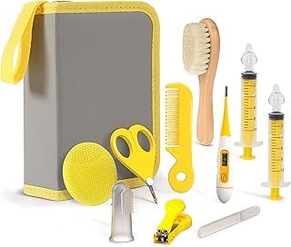 PewinGo Baby Healthcare and Grooming Kit & Newborn Baby Care Accessories, Set 10 in 1 with Soft Goat Bristles Hair Brush Nail Clipper Nasal Aspirator etc for Nursery Newborn Infant Toddlers