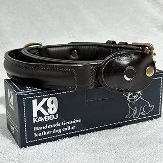 Kamboj K9 heavy duty strong handmade leather tactical dog collar with handle includes removable leather AirTag pocket For Medium, Large, and XL Dogs