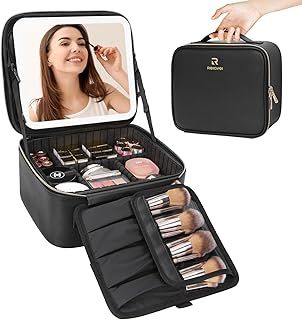 Travel Makeup Bag with LED Mirror-3 Colors Modes, Portable Makeup Organiser with Adjustable Dividers Compartment, Light Up Vanity Case, Makeup Storage for Women with Makeup Accessories