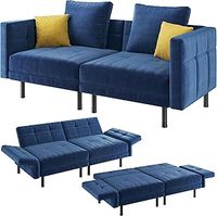 Yaheetech Velvet Convertible Sofa Bed 2 Seater Futon Couch Sleeper with 4 Pillows, Adjustable Armrests & Backrest for Living Room, Apartment, Home Office, Blue