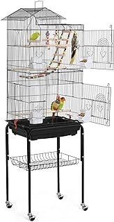 Yaheetech Bird Cage Large Roof Top Budgie Cage Metal Parrot Cage with Rolling Stand for Cockatiel Parakeet Finch Lovebird Black