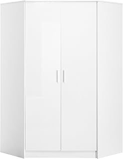 2 Door CORNER Wardrobe with 2xHanging Rails and 10 Shelves for Bedroom (H: 180cm x W: 103cm x D: 103cm) (White Gloss/Matt White)