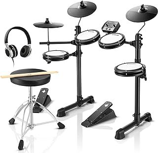 Donner DED-80 Electric Drum Kit, Electronic Drum Sets for Beginner with 4 Quiet Mesh Drum Pads, 2 Switch Pedal, 180+ Sounds, Throne, On-Ear Headphones, Sticks, and Melodics Lessons Included Black